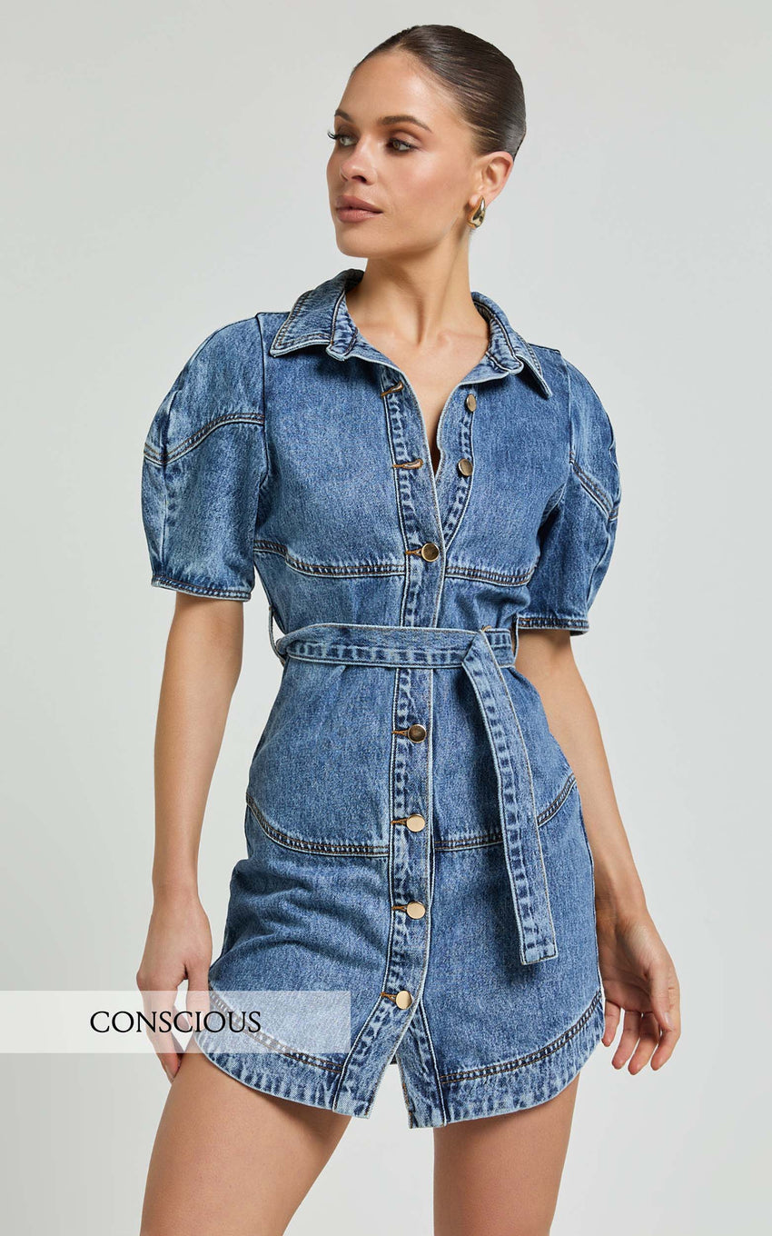 Cannes Mini Dress - Button Through Belted Recycled Denim Dress in Mid Blue Wash