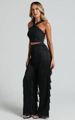 Caralyne Two Piece Set - Diamond Neck Crop Top and Tiered Fringe Pants in Black