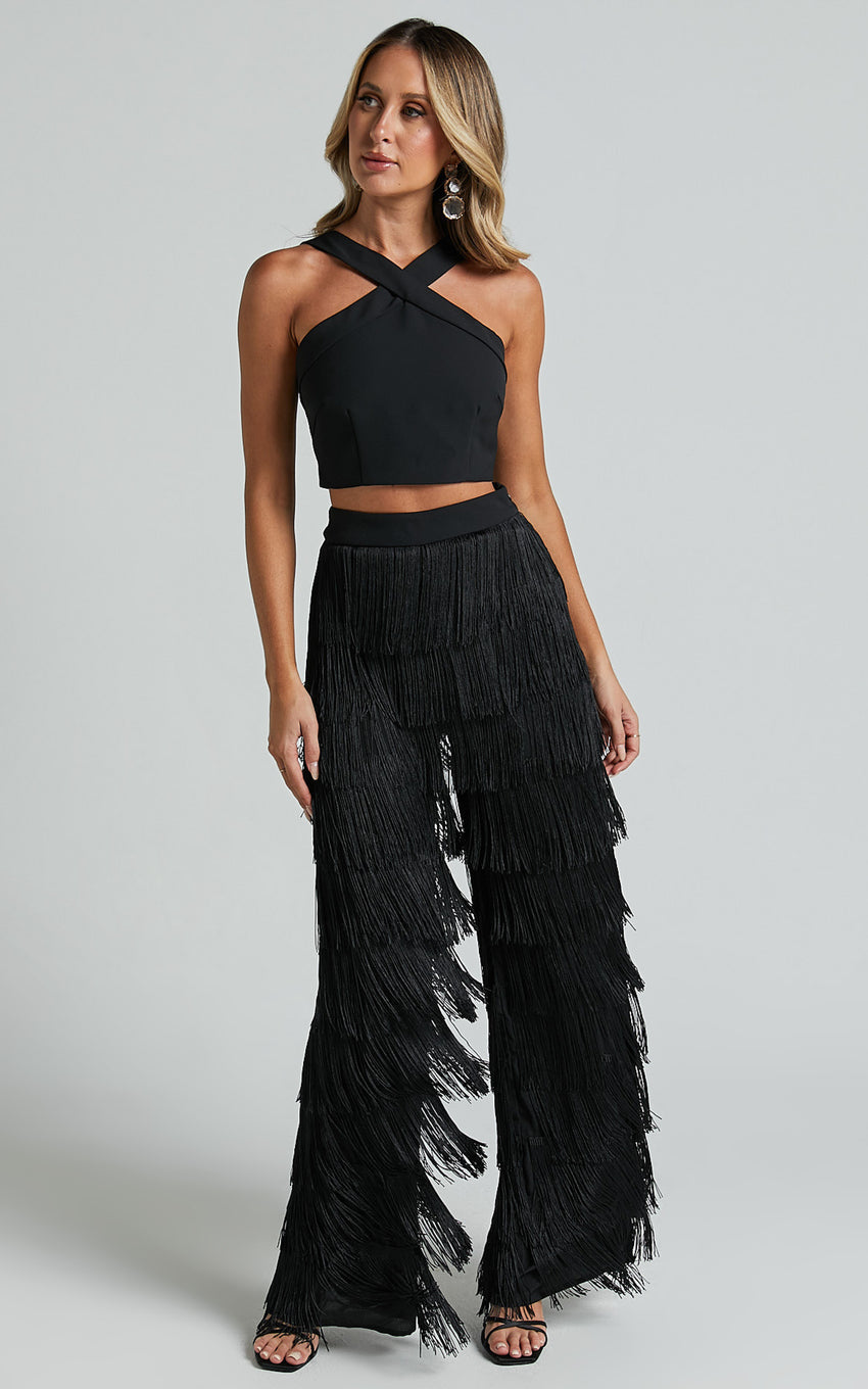Caralyne Two Piece Set - Diamond Neck Crop Top and Tiered Fringe Pants in Black