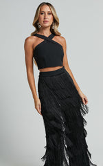 Caralyne Two Piece Set - Diamond Neck Crop Top and Tiered Fringe Pants in Black