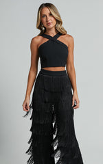 Caralyne Two Piece Set - Diamond Neck Crop Top and Tiered Fringe Pants in Black