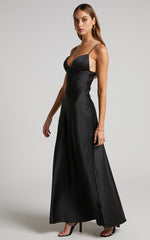 Cariela Maxi Dress - Plunge Neck Satin Dress in Black