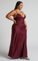 Cariela Maxi Dress - Plunge Neck Satin Dress in Wine