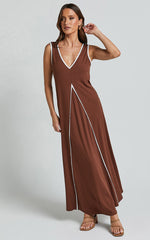 Cathleen Midi Dress - Ribbed Sleeveless Low Back Dress in Chocolate With White Contrast