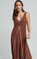 Cathleen Midi Dress - Ribbed Sleeveless Low Back Dress in Chocolate With White Contrast