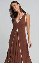 Cathleen Midi Dress - Ribbed Sleeveless Low Back Dress in Chocolate With White Contrast