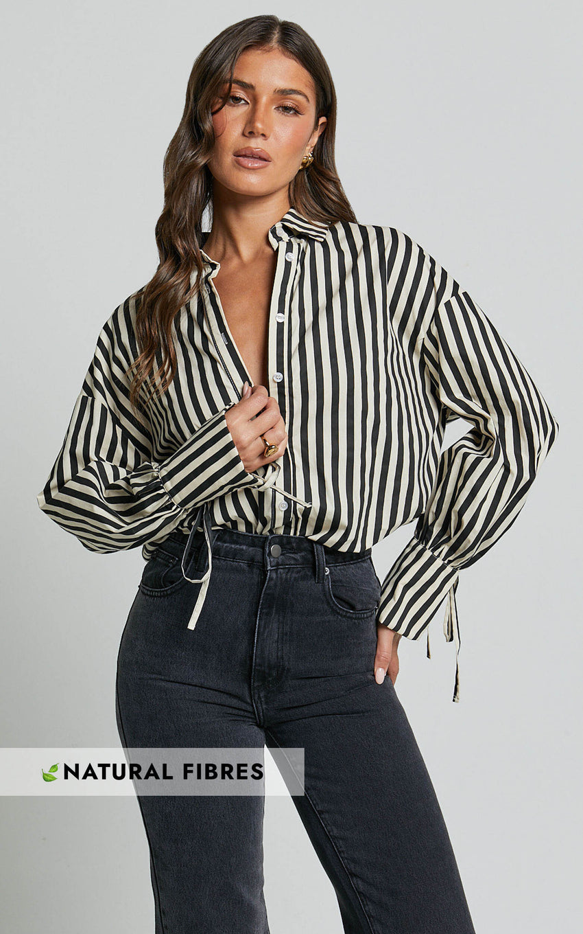 Cazie Shirt - Tie Cuff Long Sleeve Shirt in Black & Cream Stripe