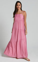 Cecila Midi Dress - Straight Neckline Sleeveless Dress in Pink