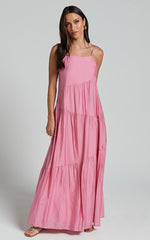 Cecila Midi Dress - Straight Neckline Sleeveless Dress in Pink