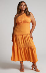 Celestia Midi Dress - Tiered One Shoulder Dress in Mango