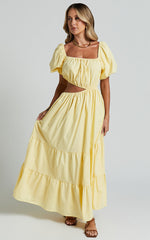 Chantrell Midi Dress - Puff Sleeve Dress in Lemon