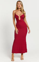 Charlee Midi Dress - Bodycon Sweetheart Cut Out Bust Thin Strap Dress in Red