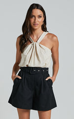 Charline Shorts - Linen Look High Waisted Tailored Front Pleated Belted Shorts in Black