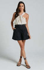 Charline Shorts - Linen Look High Waisted Tailored Front Pleated Belted Shorts in Black