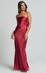 Charlita Maxi Dress - Strapless Cowl Back Satin Dress in Berry