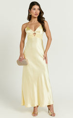 Charvie Maxi Dress - V Neck Cut Out Detail Satin Slip Dress in Lemon