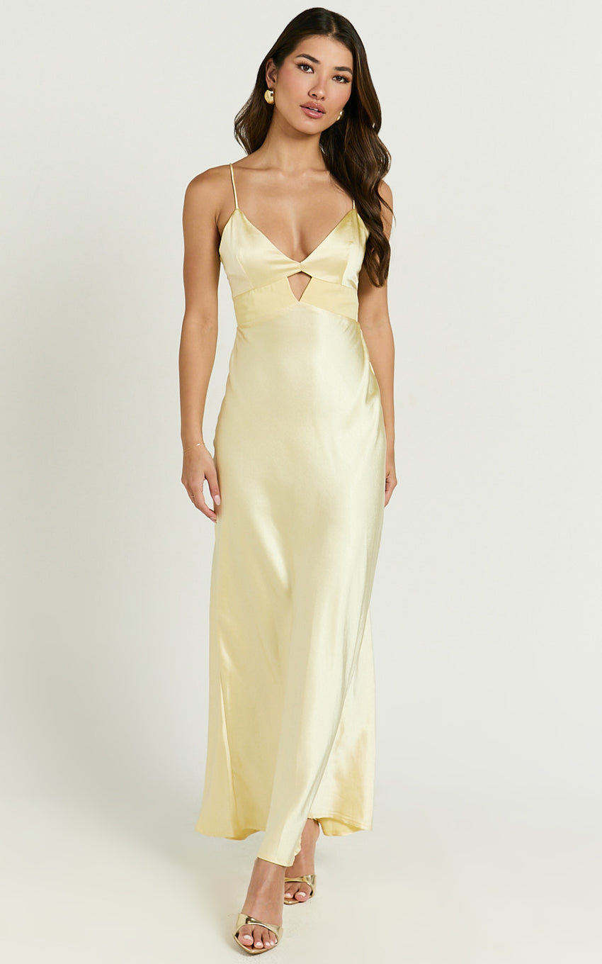 Charvie Maxi Dress - V Neck Cut Out Detail Satin Slip Dress in Lemon