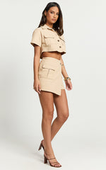 Chester Two Piece Set -Linen Look Crop Shirt and Cargo Mini Skirt Set in Beige
