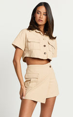 Chester Two Piece Set -Linen Look Crop Shirt and Cargo Mini Skirt Set in Beige