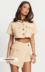 Chester Two Piece Set -Linen Look Crop Shirt and Cargo Mini Skirt Set in Beige