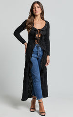 Claudia Longline Top - Ruffle Tie Front Long Sleeve Top in Black