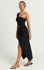 Claudia Two Piece Set - Linen Look One Shoulder Button Down Top and Midi Skirt Set in Black