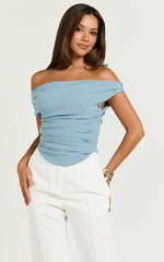 Cleo Top - Off Shoulder Curved Hem Top in Baby Blue
