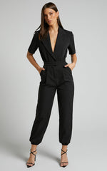 Coco Jumpsuit - Collared Short Sleeve Straight Leg Jumpsuit in Black