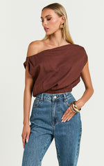 Collins Linen Blend Top - Draped Asymmetrical Neckline Top in Chocolate
