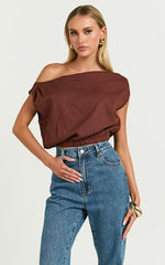 Collins Linen Blend Top - Draped Asymmetrical Neckline Top in Chocolate