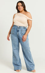 Jialeen Top - Off Shoulder Twist Asymmetrical Sleeve Top in Sand