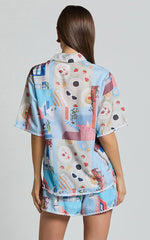 Cora Two Piece Set - Scallop Trim Button Up Shirt & Short Set in Blue & Pink Print