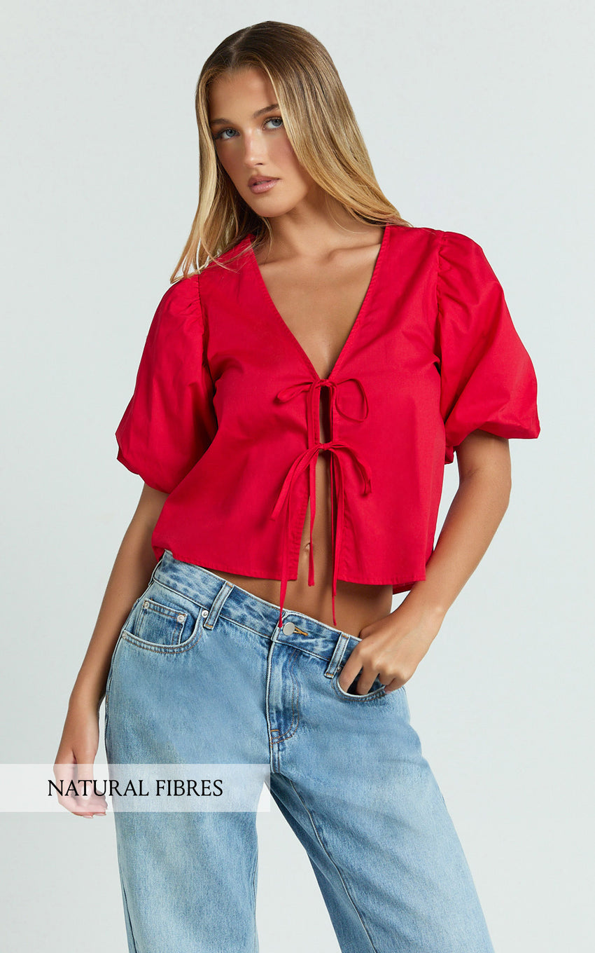 Dana Top - Bow Tie Front Puff Sleeve Blouse in Red