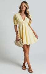 Dayana Mini Dress - V Neck Empire Waist Smock Dress in Lemon