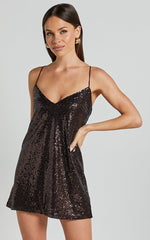 Delilaah Mini Dress - Strappy V Neck Slip Sequin Dress in Chocolate Sequins