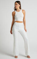 Deliza Pants - Mid Waisted Sequin Flare Pants in Iridescent White
