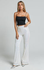 Deliza Pants - Mid Waisted Sequin Flare Pants in Iridescent White