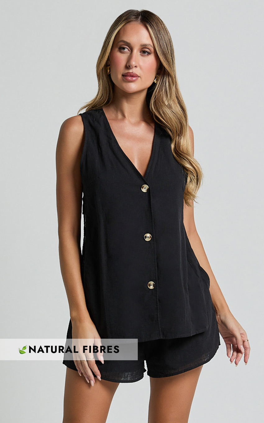 Devon Two Piece Set - Open Side Detail Top & Short Linen Set in Black