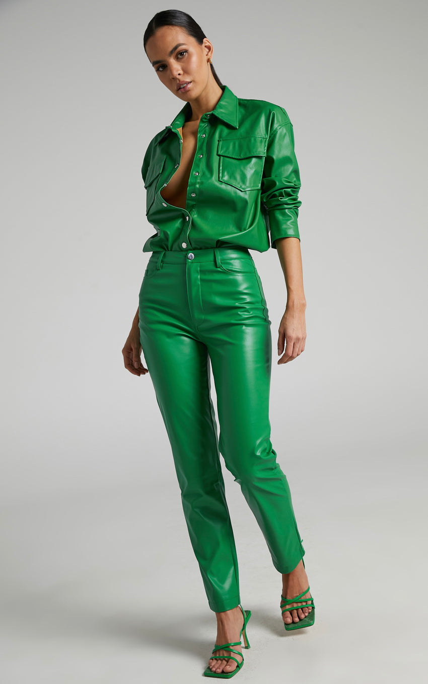 Dilyene Pants - Mid Waist Straight Leg Faux Leather Pants in Green