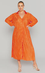 Donelli Midi Dress - Plisse Oversized Collared Shirt Dress in Orange