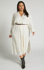 Donelli Midi Dress - Plisse Oversized Collared Shirt Dress in Cream