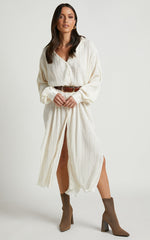 Donelli Midi Dress - Plisse Oversized Collared Shirt Dress in Cream