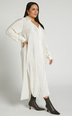 Donelli Midi Dress - Plisse Oversized Collared Shirt Dress in Cream