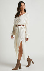 Donelli Midi Dress - Plisse Oversized Collared Shirt Dress in Cream