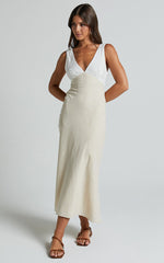 Dovie Midi Dress - Linen V Neck Low Back Cut Out Flare Dress in Beige and White