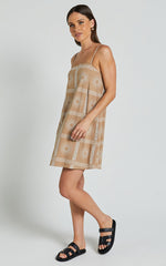 Elia Mini Linen Blend Dress - Straight Neck Sleeveless Slip Dress in Tan/White