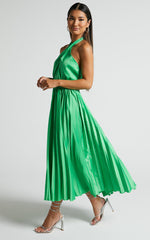 Eloise Midi Dress - Halter Neck Pleated Dress in Jewel Green