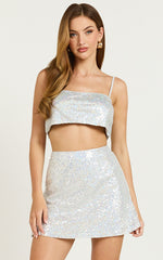 Elswyth Top - Strappy Sequin Crop Cami Top in Silver
