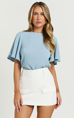 Enzo Top - Flutter Sleeve Scoop Neck Top in Blue
