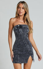 Erline Mini Dress - Asymmetric Strapless Denim Dress in Washed Black